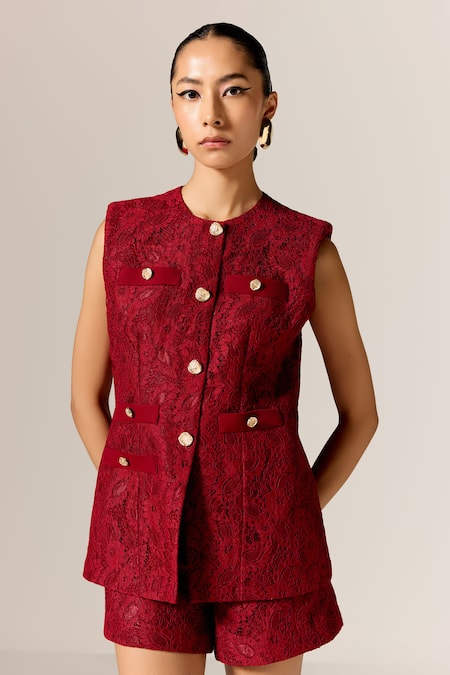 Manika Nanda_Red Lace, Crepe Crew Neck Deep Waistcoat And Shorts Set _Online_at_Aza_Fashions