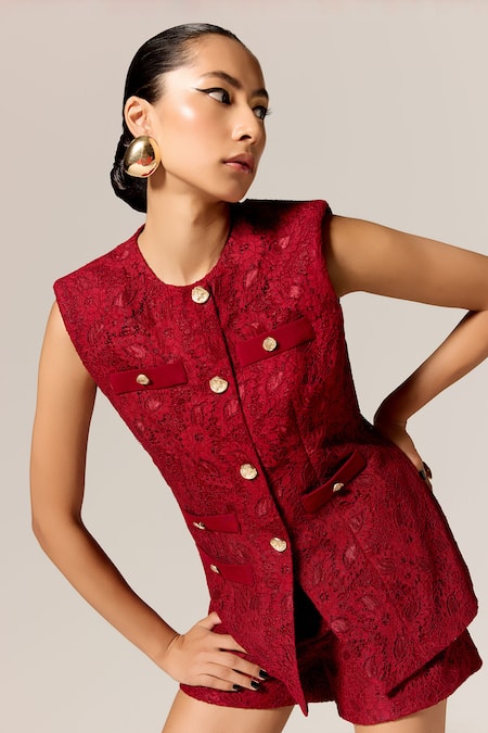 Buy_Manika Nanda_Red Lace, Crepe Crew Neck Deep Waistcoat And Shorts Set _Online_at_Aza_Fashions