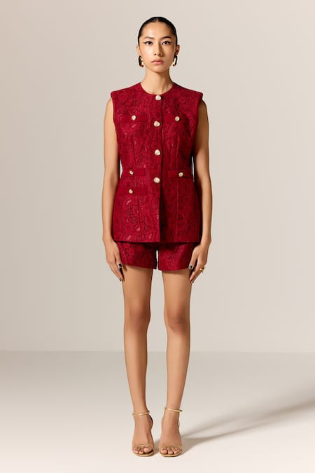 Shop_Manika Nanda_Red Lace, Crepe Crew Neck Deep Waistcoat And Shorts Set _Online_at_Aza_Fashions