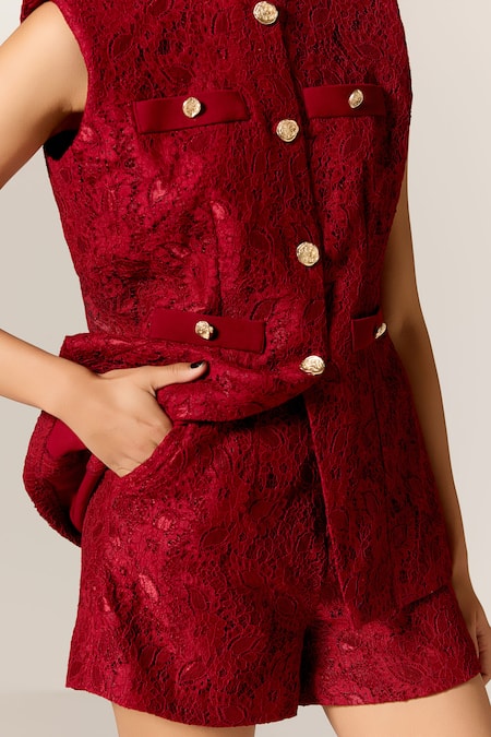 Manika Nanda_Red Lace, Crepe Crew Neck Deep Waistcoat And Shorts Set _at_Aza_Fashions