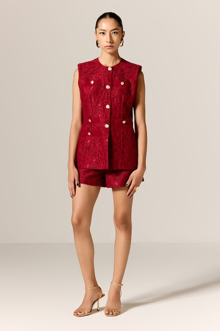 Manika Nanda Deep Red Lace Waistcoat And Shorts Set 
