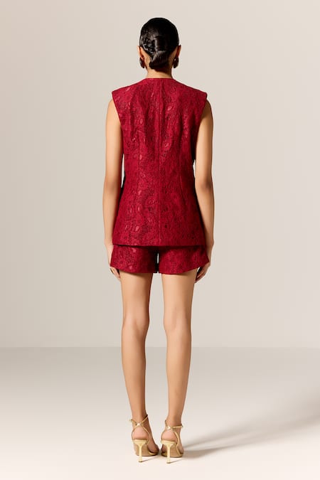 Manika Nanda Deep Red Lace Waistcoat & Shorts Set 