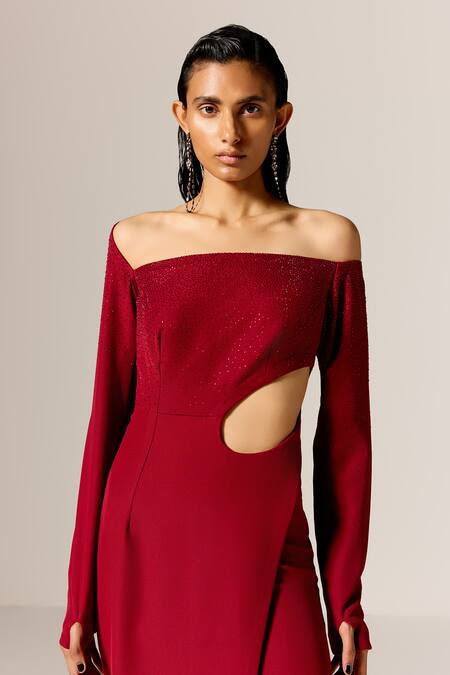 Shop Manika Nanda Red Crepe, Twill Sequins Off-shoulder Deep Star Cutout Gown Online at Aza Fashions Shop_Manika Nanda_Red Crepe, Twill Sequins Off-shoulder Deep Star Cutout Gown _Online_at_Aza_Fashions