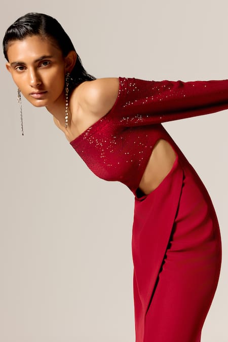 Manika Nanda Red Crepe, Twill Sequins Off-shoulder Deep Star Cutout Gown at Aza Fashions Manika Nanda_Red Crepe, Twill Sequins Off-shoulder Deep Star Cutout Gown _at_Aza_Fashions