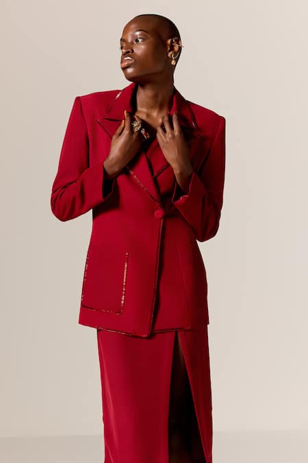 Buy_Manika Nanda_Red Crepe, Twill Round Neck Deep Blazer Dress Set _Online_at_Aza_Fashions