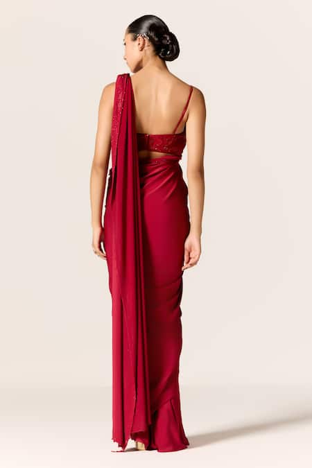 Manika Nanda Deep Red Sitara Draped Saree With Blouse 
