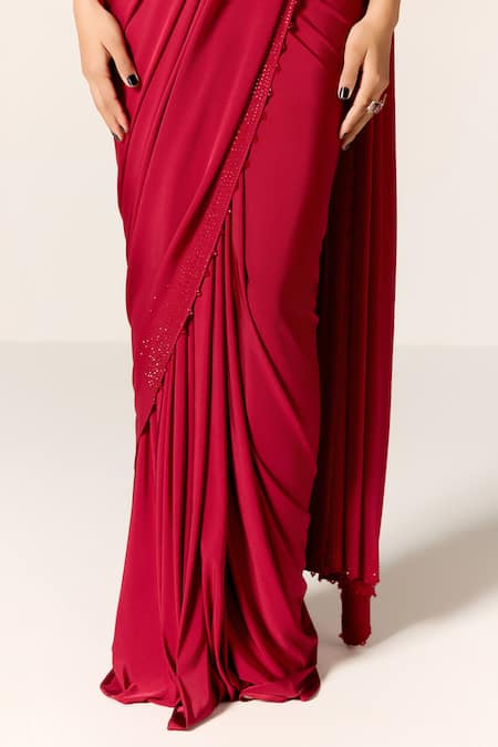 Manika Nanda_Red Sequins, Embroidery Sweetheart Neck Deep Sitara Draped Saree With Blouse _Online_at_Aza_Fashions