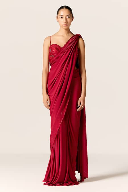 Buy_Manika Nanda_Red Sequins, Embroidery Sweetheart Neck Deep Sitara Draped Saree With Blouse _Online_at_Aza_Fashions
