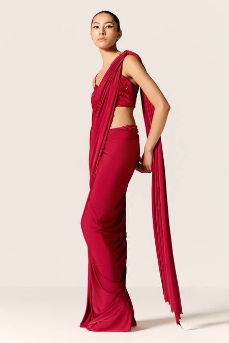 Shop_Manika Nanda_Red Sequins, Embroidery Sweetheart Neck Deep Sitara Draped Saree With Blouse _Online_at_Aza_Fashions