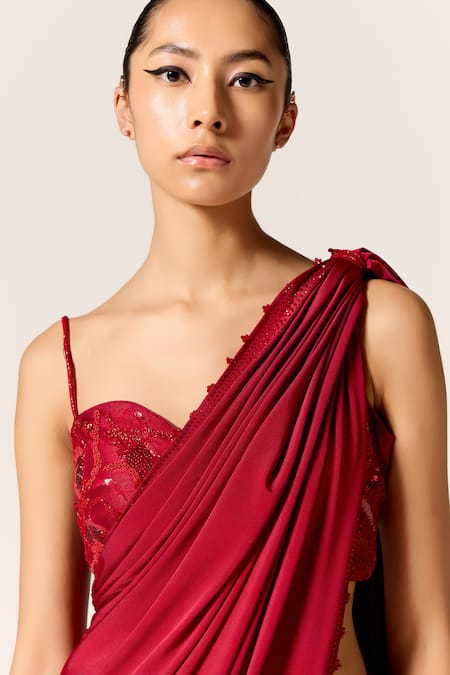 Manika Nanda_Red Sequins, Embroidery Sweetheart Neck Deep Sitara Draped Saree With Blouse _at_Aza_Fashions