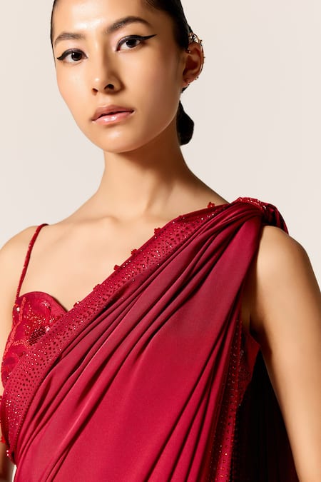Shop_Manika Nanda_Red Sequins, Embroidery Sweetheart Neck Deep Sitara Draped Saree With Blouse 
