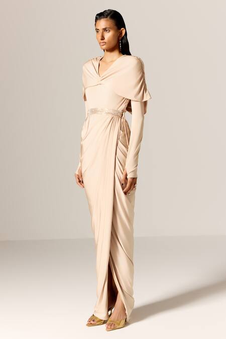 Manika Nanda Beige Lycra Rhinestones Cowl Neck Draped Cape Gown With Belt Online at Aza Fashions Manika Nanda_Beige Lycra Rhinestones Cowl Neck Draped Cape Gown With Belt _Online_at_Aza_Fashions
