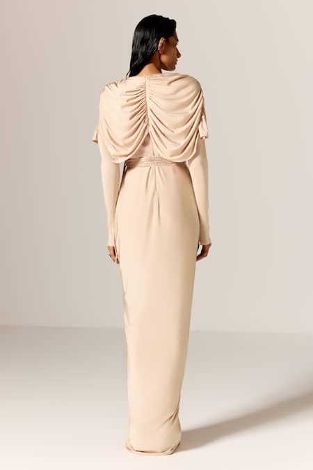 Manika Nanda Beige Draped Cape Gown With Belt 