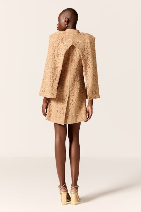 Manika Nanda Beige Chantilly Lace Cape Blazer Dress 