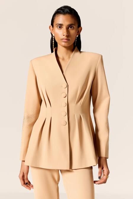Manika Nanda_Beige Crepe, Twill Peplum Blazer And Pant Set _Online_at_Aza_Fashions