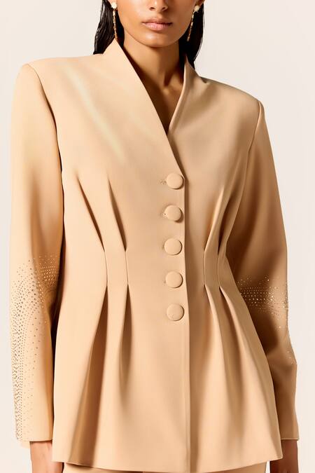 Shop_Manika Nanda_Beige Crepe, Twill Peplum Blazer And Pant Set _Online_at_Aza_Fashions