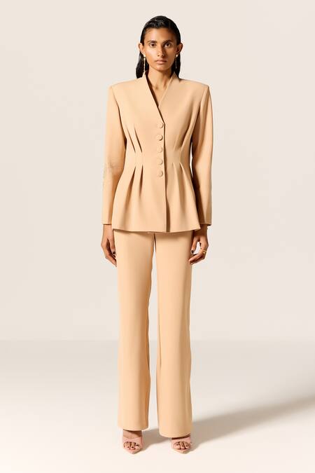 Manika Nanda_Beige Crepe, Twill Peplum Blazer And Pant Set _at_Aza_Fashions