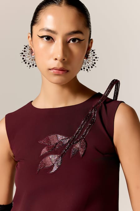 Buy Manika Nanda Maroon Crepe, Spandex Sequins Round Neck Starling Shift Dress Online at Aza Fashions Buy_Manika Nanda_Maroon Crepe, Spandex Sequins Round Neck Starling Shift Dress _Online_at_Aza_Fashions