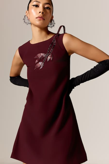 Shop Manika Nanda Maroon Crepe, Spandex Sequins Round Neck Starling Shift Dress Online at Aza Fashions Shop_Manika Nanda_Maroon Crepe, Spandex Sequins Round Neck Starling Shift Dress _Online_at_Aza_Fashions
