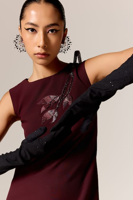 Manika Nanda Maroon Crepe, Spandex Sequins Round Neck Starling Shift Dress at Aza Fashions Manika Nanda_Maroon Crepe, Spandex Sequins Round Neck Starling Shift Dress _at_Aza_Fashions