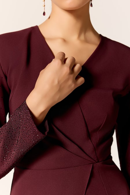 Manika Nanda_Maroon Crepe, Spandex V-neck Galaxy Asymmetric Dress _Online_at_Aza_Fashions