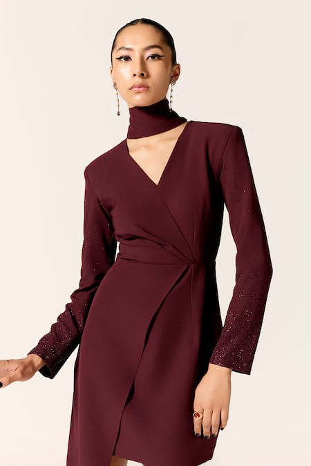 Buy_Manika Nanda_Maroon Crepe, Spandex V-neck Galaxy Asymmetric Dress _Online_at_Aza_Fashions