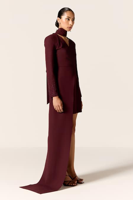 Shop_Manika Nanda_Maroon Crepe, Spandex V-neck Galaxy Asymmetric Dress _Online_at_Aza_Fashions