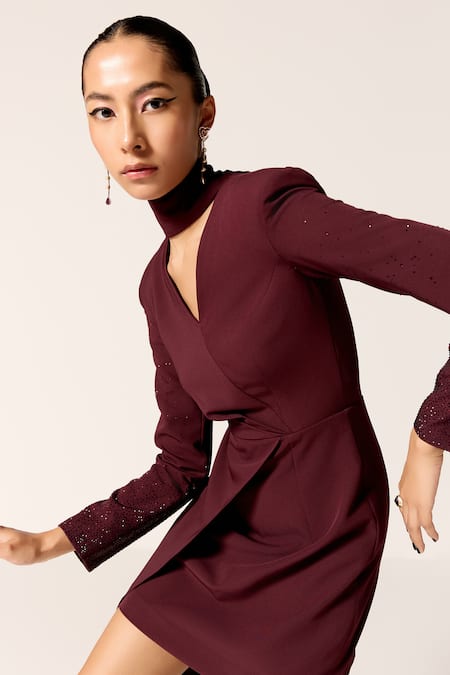 Manika Nanda_Maroon Crepe, Spandex V-neck Galaxy Asymmetric Dress _at_Aza_Fashions