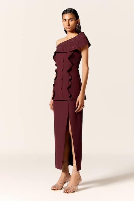 Manika Nanda Maroon Crepe, Spandex Asymmetric Lynx Skirt Set Online at Aza Fashions Manika Nanda_Maroon Crepe, Spandex Asymmetric Lynx Skirt Set _Online_at_Aza_Fashions