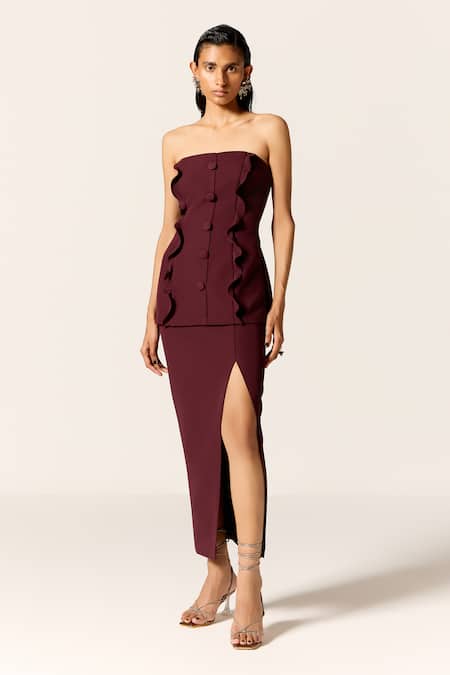 Buy Manika Nanda Maroon Crepe, Spandex Asymmetric Lynx Skirt Set Online at Aza Fashions Buy_Manika Nanda_Maroon Crepe, Spandex Asymmetric Lynx Skirt Set _Online_at_Aza_Fashions