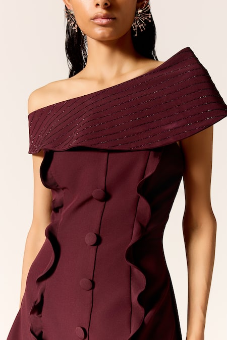 Shop Manika Nanda Maroon Crepe, Spandex Asymmetric Lynx Skirt Set Online at Aza Fashions Shop_Manika Nanda_Maroon Crepe, Spandex Asymmetric Lynx Skirt Set _Online_at_Aza_Fashions