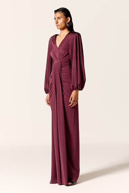 Manika Nanda_Maroon V-neck Draped Gown _Online_at_Aza_Fashions