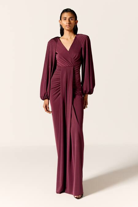 Buy_Manika Nanda_Maroon V-neck Draped Gown _Online_at_Aza_Fashions