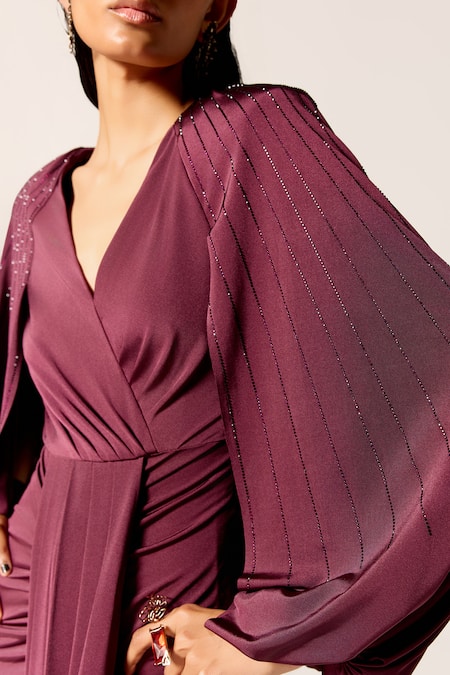 Shop_Manika Nanda_Maroon V-neck Draped Gown _Online_at_Aza_Fashions