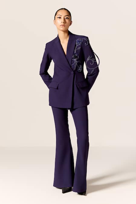 Manika Nanda Blue Crepe, Spandex Sequins, Beads Sirius Embroidered Blazer Set Online at Aza Fashions Manika Nanda_Blue Crepe, Spandex Sequins, Beads Sirius Embroidered Blazer Set _Online_at_Aza_Fashions