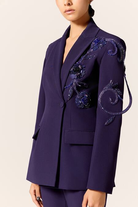 Buy Manika Nanda Blue Crepe, Spandex Sequins, Beads Sirius Embroidered Blazer Set Buy_Manika Nanda_Blue Crepe, Spandex Sequins, Beads Sirius Embroidered Blazer Set