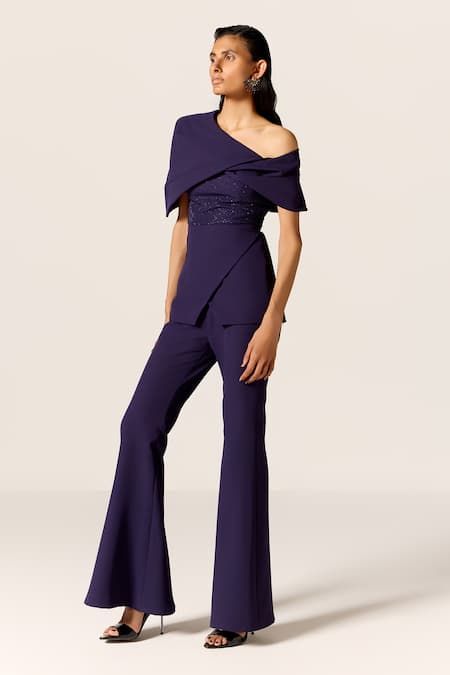 Manika Nanda Blue Carina Power Cord Top And Trumpet Pant Set 