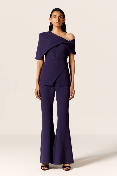 Manika Nanda_Blue Crepe, Spandex Crystals One Carina Power Cord Top And Trumpet Pant Set _Online_at_Aza_Fashions