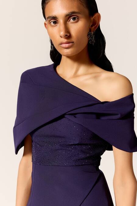 Shop_Manika Nanda_Blue Crepe, Spandex Crystals One Carina Power Cord Top And Trumpet Pant Set _Online_at_Aza_Fashions