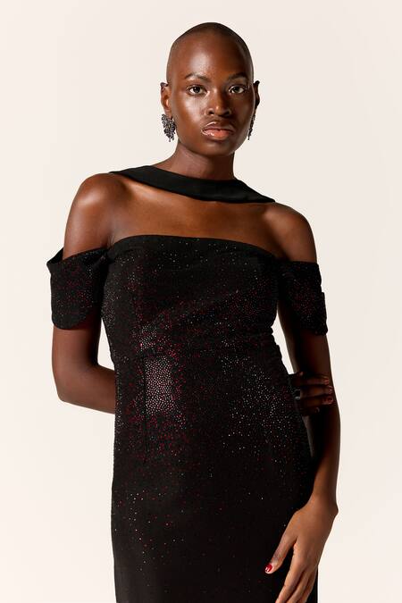 Manika Nanda_Black Sequins Off-shoulder Antlia Backless Dress _Online_at_Aza_Fashions