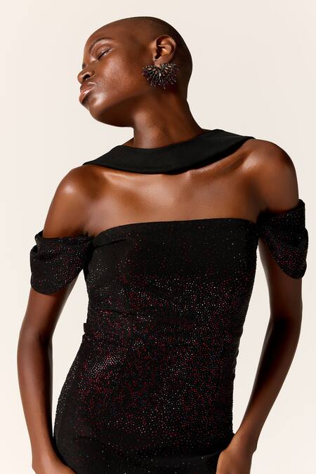 Buy_Manika Nanda_Black Sequins Off-shoulder Antlia Backless Dress _Online_at_Aza_Fashions