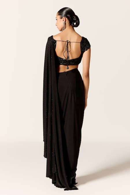 Manika Nanda Black High Slit Pre-Draped Saree With Blouse 