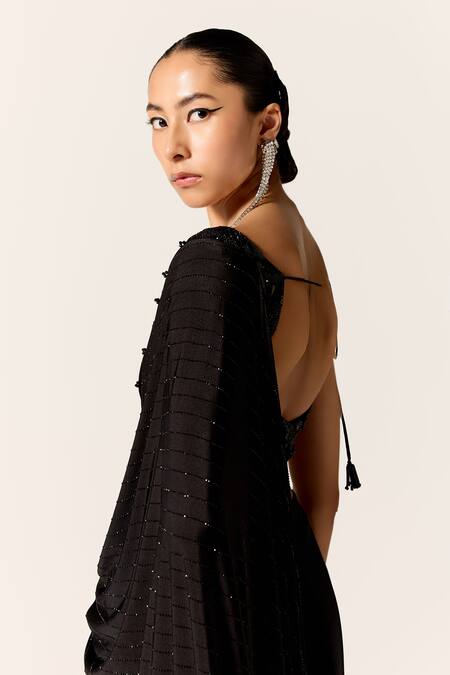 Manika Nanda Black Sequins High Slit Pre-draped Saree With Blouse Online at Aza Fashions Manika Nanda_Black Sequins High Slit Pre-draped Saree With Blouse _Online_at_Aza_Fashions