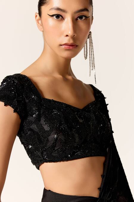Buy Manika Nanda Black Sequins High Slit Pre-draped Saree With Blouse Online at Aza Fashions Buy_Manika Nanda_Black Sequins High Slit Pre-draped Saree With Blouse _Online_at_Aza_Fashions