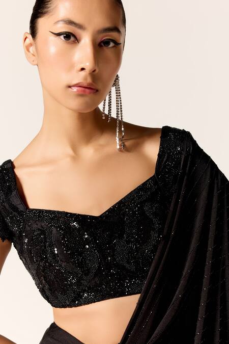 Shop Manika Nanda Black Sequins High Slit Pre-draped Saree With Blouse Online at Aza Fashions Shop_Manika Nanda_Black Sequins High Slit Pre-draped Saree With Blouse _Online_at_Aza_Fashions