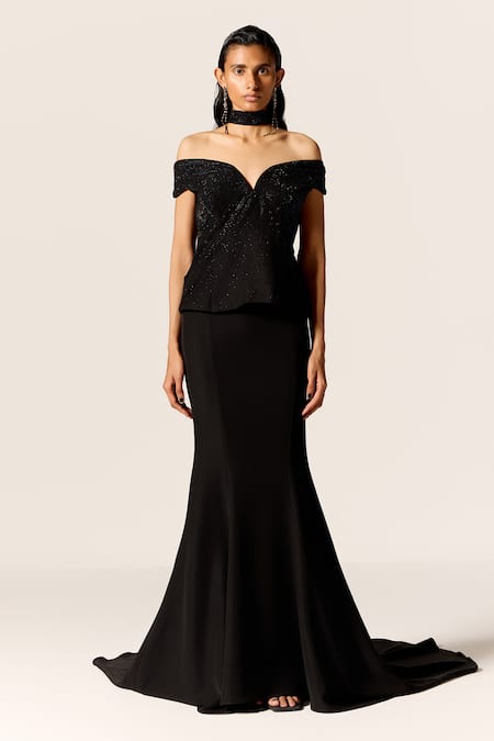 Manika Nanda Black Nova Off Shoulder Gown 