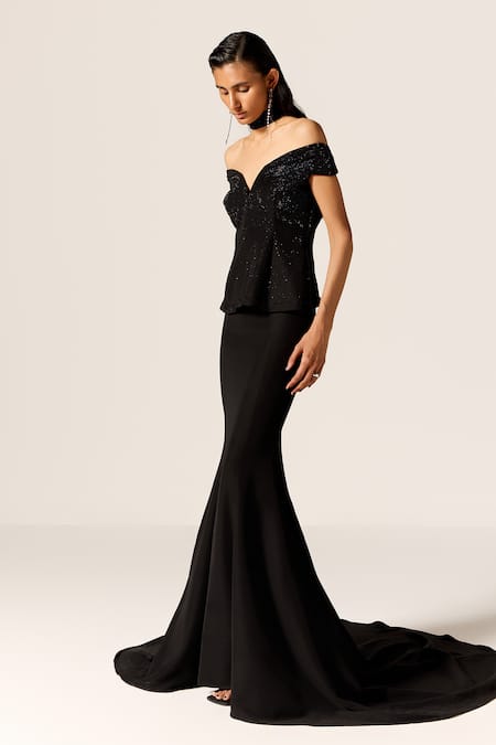 Manika Nanda Black Sequins Off-shoulder Nova Off Gown Online at Aza Fashions Manika Nanda_Black Sequins Off-shoulder Nova Off Gown _Online_at_Aza_Fashions