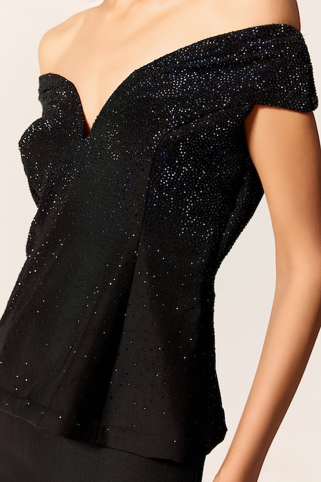 Buy Manika Nanda Black Sequins Off-shoulder Nova Off Gown Online at Aza Fashions Buy_Manika Nanda_Black Sequins Off-shoulder Nova Off Gown _Online_at_Aza_Fashions