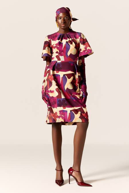 Buy_Manika Nanda_Multi Color Crepe, Spandex Round Neck Multicolor Ursa Printed Dress _Online_at_Aza_Fashions