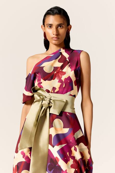 Manika Nanda Multi Color Crepe, Spandex Asymmetric, One Shoulder Vela Printed Flared Dress Online at Aza Fashions Manika Nanda_Multi Color Crepe, Spandex Asymmetric, One Shoulder Vela Printed Flared Dress _Online_at_Aza_Fashions